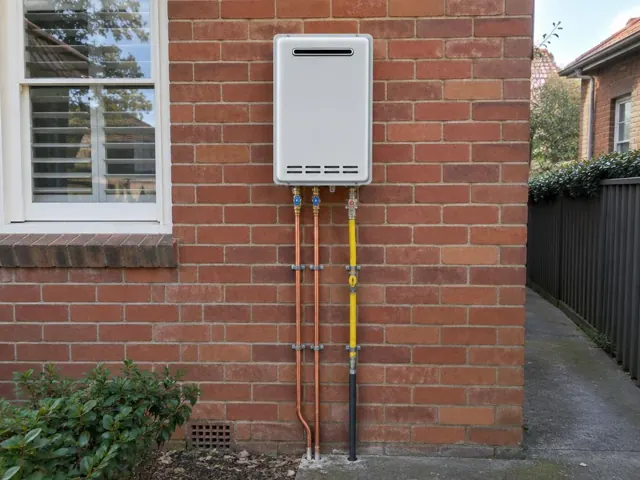 Wall-mounted hot water unit on a brick exterior wall with copper and gas pipework in Kogarah